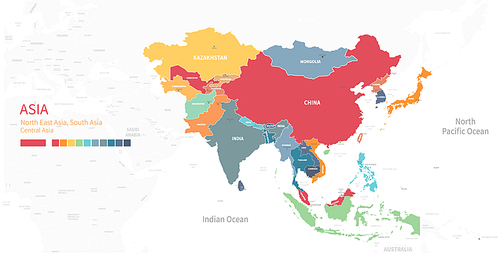 아시아 대륙 지도. 국가별 분리된 세계지도.