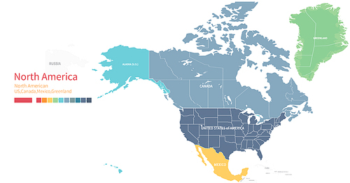 북아메리카 대륙 지도. 국가별 분리된 세계지도.