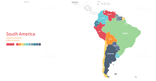 남아메리카 대륙 지도. 국가별 분리된 세계지도.