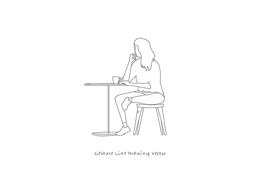 카페에 앉아 생각중인 여자 드로잉.  gesture line drawing vector.
