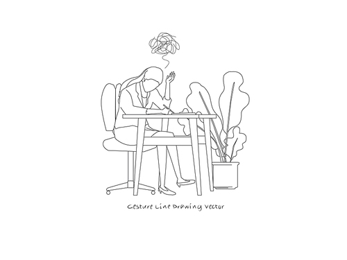 책상에 앉아 고민하는 여자 드로잉. gesture line drawing vector.