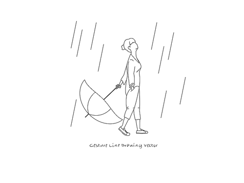 우산을 들고있는 소녀 드로잉, gesture line drawing vector.