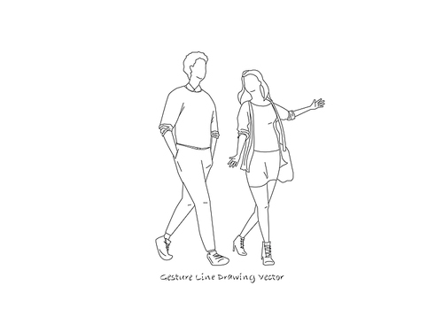대화를 나누며 걷고있는 사람들 드로잉. gesture line drawing vector.
