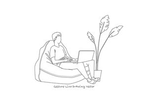 집에서 일하는 남자 드로잉. gesture line drawing vector.