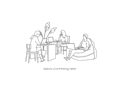 카페에 앉아 공부하는 사람들 드로잉. gesture line drawing vector.