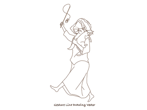 반려동물과 여자캐릭터 드로잉.  gesture line drawing vector.