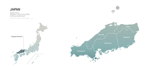 일본 주코쿠 행정구역 지도. japan district map.