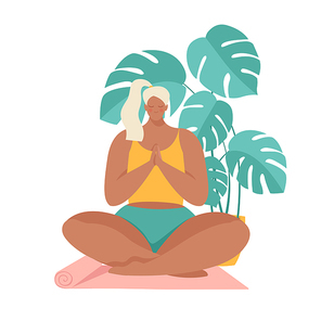 Girl at greenhouse or home garden with plants growing in pots. Relaxed young woman enjoying rest. Girl meditates. Trendy vector illustration in flat cartoon style. Urban jungle. Meditation Home.