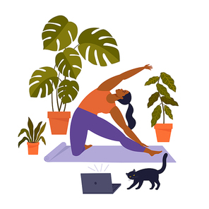 Sport exercise at home. Woman doing workout indoor. Yoga and fitness, healthy lifestyle. Flat vector illustration