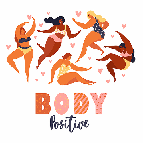 Body positive. Love your body. Happy plus size girls and active healthy lifestyle vector illustration.