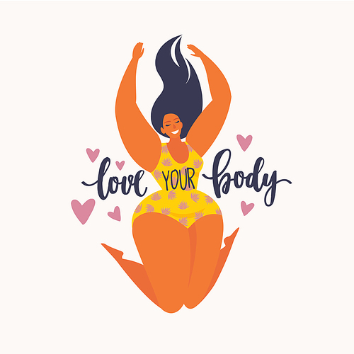 Happy jumping plus size girl. Happy body positive concept. Different is beautiful. Attractive overweight woman. For Fat acceptance movement no fatphobia. Vector illustration.
