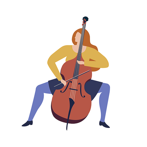 Woman musician playing violoncello cartoon funny illustration in vector. Women professions collection.
