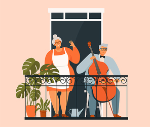 An elderly couple is gardening on the balcony. Grandparents on the balcony with plants. Hobbies for the elderly. Old man playing the cello. Stay home concept.