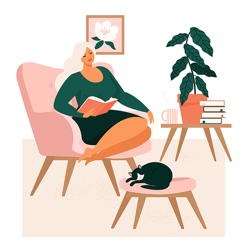 Young girl sitting in comfortable armchair and drinking tea or coffee in room furnished in Scandinavian style. Woman spending evening time at home. Colored vector illustration in flat cartoon style.