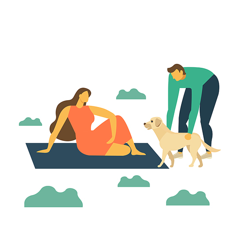 Happy family on a picnic. Young man, woman and dog are resting nature. Vector illustration flat style.