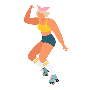 Roller skating girl in vector in retro 70s style. Funny cartoon illustration with skater women character with girl power