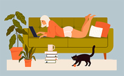 Cute young woman sitting on comfy chair with laptop computer in cozy room. Funny adorable girl working at home. Daily life of freelance worker, everyday routine. Flat cartoon vector illustration