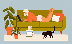 Cute young woman sitting on comfy chair with laptop computer in cozy room. Funny adorable girl working at home. Daily life of freelance worker, everyday routine. Flat cartoon vector illustration