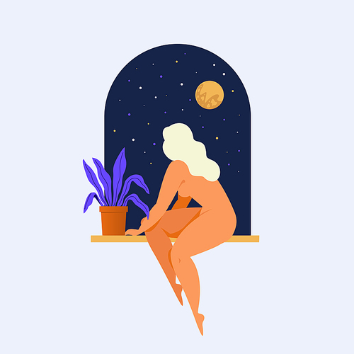 Woman sitting on the window. Vector illustration.