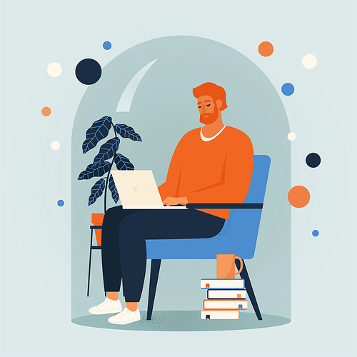 Men siting in a chair and working online at home illustration. Social distancing and self-isolation during corona virus quarantine