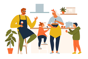 Happy family cooking. Mother and father with kids cook dishes in kitchen cartoon vector illustration. Family cooking mother, son, daughter and father on kitchen