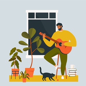 A young man playing guitar at home. Guitarist musician is sitting in quarantine alone. Flat vector illustration