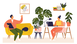 Woman and man working at desk and on sofa from home. Couple have a lot of work. Woman working with laptop at her work desk and testing ui and ux. Vector illustration of student studying at home