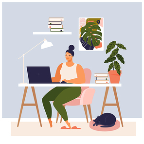 Woman working at her desk at home. She has a lot of work. Woman working with laptop at her work desk and testing ui and ux. Vector illustration of student studying at home