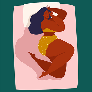 Dream in a hot summer night. Young woman sleeping in bed without a blanket. Female cartoon character lying in a comfortable pose during night slumber. Vector illustration in flat style.