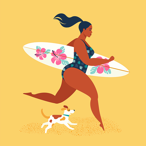 Summer holiday. Girl surfer running with a dog. Vector illustration.