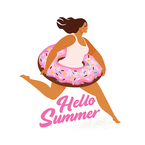 Running girl with sweet donut inflatable swimming pool floats. Vector illustration