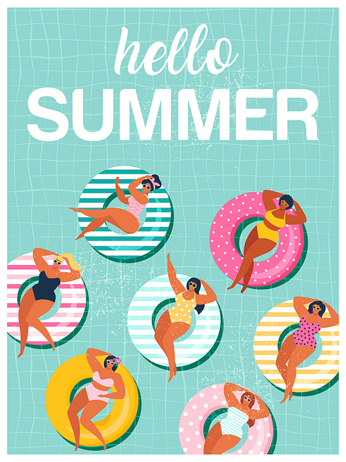Hello Summer banner with gils on inflatable swim ring in swimming pool floats background, exotic floral design for banner, flyer, invitation, poster, web site or greeting card. Vector illustration.