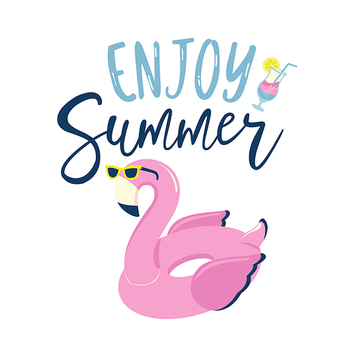 Flamingo inflatable swimming pool ring in sunglasses label, logo, hand drawn tags and elements for summer holiday, travel, beach vacation, sun. Vector illustration.