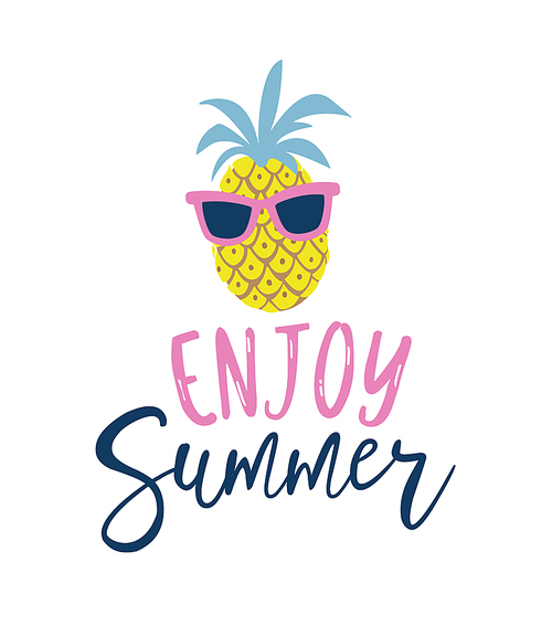 Summer cartoon style pineapple in sunglasses label, logo, hand drawn tags and elements for summer holiday, travel, beach vacation, sun. Vector illustration.