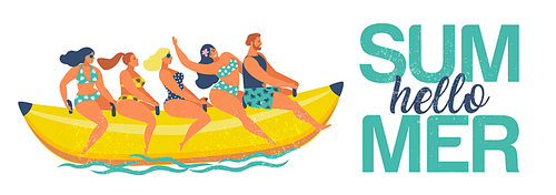 Summer water fun. Man and women ride on banana boat. Hello summer. Vector illustration of a flat design.