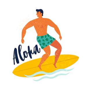Aloha poster with surfer on surfboard catching waves in ocean. Beach and surfings design for poster, t-shirt or cards. Summertime illustration.