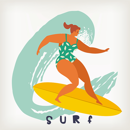 Poster with surfer on surfboard catching waves in ocean. Beach and surfings design for poster, t-shirt or cards. Summertime illustration.