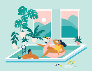 Couple spend summer vacation at swimming pool during quarantine. Stay at home during summer. Summer at home. Party on the screen of a mobile device. Summer season with woman Sunbathing enjoy concept