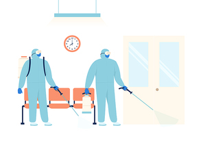 Workers in protective special clothing and medical mask sprays disinfectant for preventive against the spread of the COVID-19 the novel coronavirus in the hospital. Vector illustration