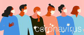 Wuhan Novel coronavirus 2019 nCoV, women and men with medical face mask. Concept of coronavirus quarantine. The virus is like blots. Vector Illustration