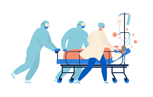 Medical workers, doctors and a nurse are running for a stretcher with an elderly patient in intensive care Resuscitation. Concept of coronavirus quarantine vector illustration
