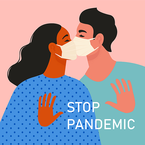 Happy adorable couple in love. Young man and woman  passionately with each other. Pair of romantic partners in medical masks on date. Boyfriend and girlfriend. Flat vector illustration