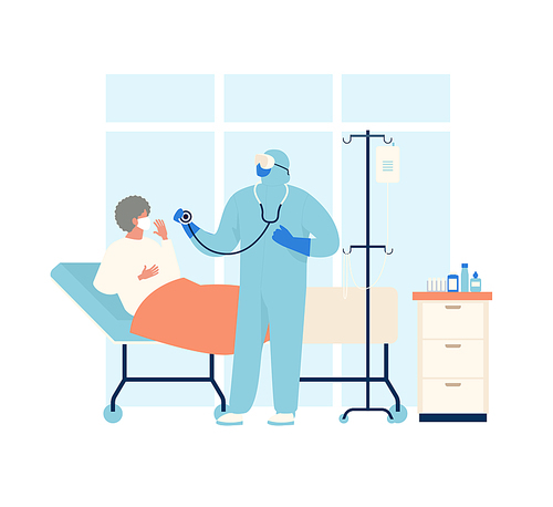 Coronavirus patient is in hospital. Novel coronavirus 2019 nCoV, people in in protective special clothingwhite and medical face mask. Concept of coronavirus quarantine vector illustration.