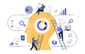 reative of business graphics, the company is engaged in joint search for ideas, abstract huge head, filled with ideas of thought and analytics, replacing old with new. Vector illustration