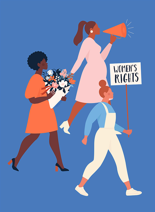 Feminism concept. A group of women of different nationalities protesting and claiming their rights. Womens empowerment. Flat vector illustrations for cards, banners, for the International Womens Day.