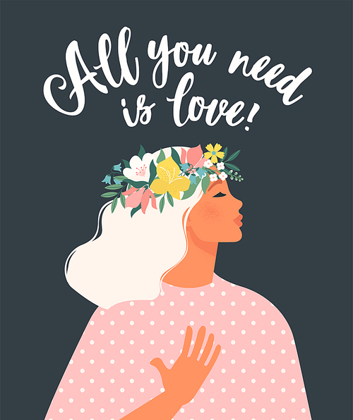 Happy womens day. Template for a spring banner, card, poster. Beautiful women with a flower wreath and dress. Vector illustration with an lettering. Pretty girl in nature