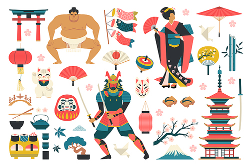 Set of japanese traditional objects icons vector illustration.