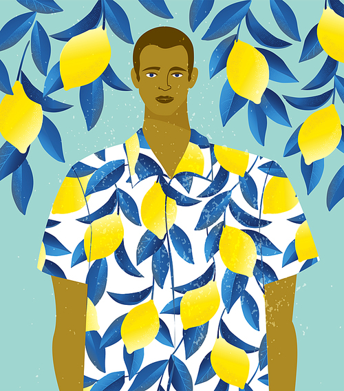 Handsome man in a shirt with lemons  on lemon tree background.