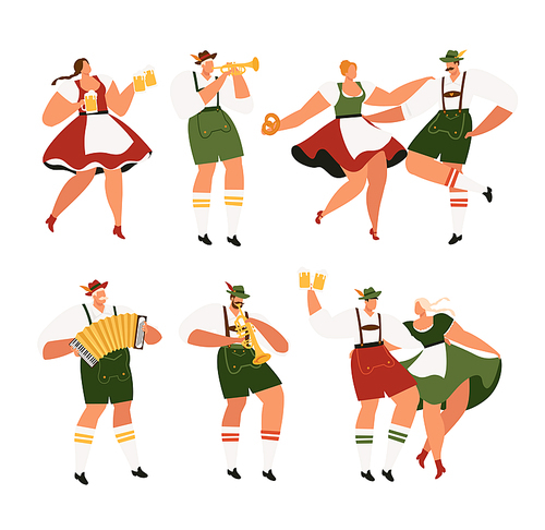 Oktoberfest. Funny cartoon characters in Bavarian folk costumes of Bavaria celebrate and have fun Oktoberfest beer festival. Party Concept Flat Vector Illustration.