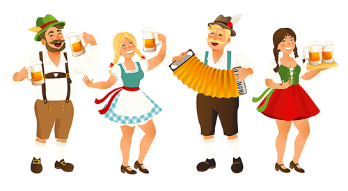 People in traditional German, Bavarian costume holding beer mugs, Oktoberfest, cartoon vector illustration isolated on white . Full length portrait of German people in traditional costumes.